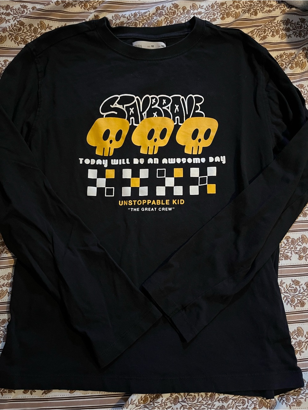 Zara Black Long Sleeve Tee with Yellow Skull Graphic